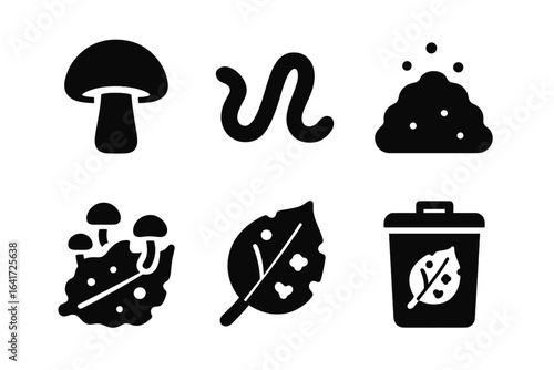 Leaf Decay and Compost Icons Set, Solid Filled Vector Illustrations of Leaf Mold, Mushroom, Earthworm, Soil, Fungus, and Compost Bin for Eco-Friendly Gardening and Organic Waste