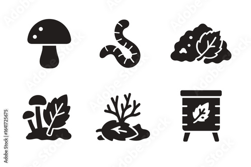 Leaf Decay Icons Solid Filled Vector Set of Leaf Decay, Compost, Mushroom, Earthworm, Soil, Fungus, Leaf Mold, Compost Bin, Organic Decomposition Illustration