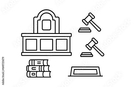 Judicial icons set. Outline vector illustration of a judge's bench, chair, gavel, law books, and nameplate. Courtroom elements for law, justice, and legal concepts.