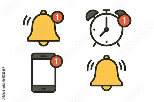 Notification alert icons set. Ringing bell, smartphone reminder, alarm clock with message badge, vector illustration. Mobile notification, reminder, alert symbol. Transparent background
