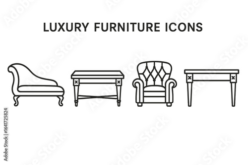 Luxury Furniture Icons Set, Outline Style, Velvet Chaise Lounge, Gold-Accented Coffee Table, Tufted Armchair, Elegant Home Decor Vector Illustration