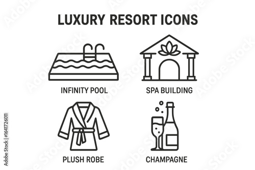 Luxury Resort Icons Outline Set Wellness Amenities Infinity Pool Spa Building Plush Robe Champagne Vector Illustration Transparent