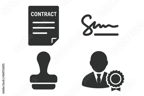 Legal Icons Grid Solid Filled Set of Business Documents Contract Signature Stamp Official Seal Notary Vector Illustration Transparent Background