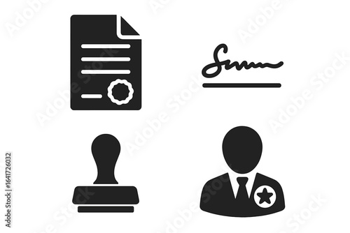 Legal Icons Grid, Solid Filled Vector Set of Business Documents, Contract Papers, Signature Line, Stamp, Official Seal, Notary Public, Authorization, Verification Symbols, Transparent Background