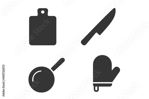 Kitchen tools solid icon set. Cooking glyph collection. Vector illustration of a cutting board, chef knife, skillet, and oven mitt. Culinary, restaurant, food preparation symbols.