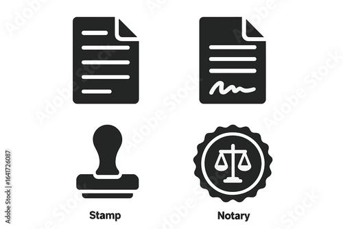 Legal Icon Set Grid. Solid Filled Vector Icons of Business Documents, Signed Contract, Stamp, Official Seal, Notary Public, Authentication Symbols, Transparent Background
