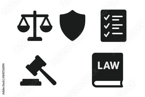 Legal Icons Grid, Solid Filled Vector Set of Law, Justice Ethics, Compliance Symbols with Scale Balance, Shield, Checklist, Gavel, and Law Book Illustration on Transparent Background