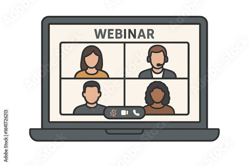 Webinar video conference call on laptop screen. Online meeting, virtual event, remote work, distance learning, group chat, educational seminar, teamwork, digital collaboration vector illustration.