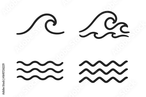 Ocean and Sea Waves Symbols Set, Wave Line and Wavy Zigzag Lines, Vector Illustration on Transparent Background, Water and Marine Elements, Nautical Design Icons
