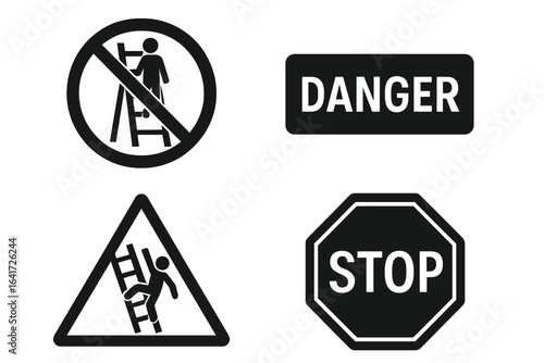 Ladder safety icons collection. Solid, filled vector set of safety signage. Includes do not stand sign, danger label, fall risk triangle, and stop symbol for workplace safety.