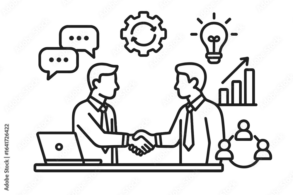 Business Partnership and Collaboration Concept, Synergy and Interaction, Management Meeting in Workplace, Teamwork, Innovation, Strategy, Success Vector Illustration Business Partnership and Collaboration Concept, Synergy and Interaction, Management Meeting in Workplace, Teamwork, Innovation, Strategy, Success Vector Illustration