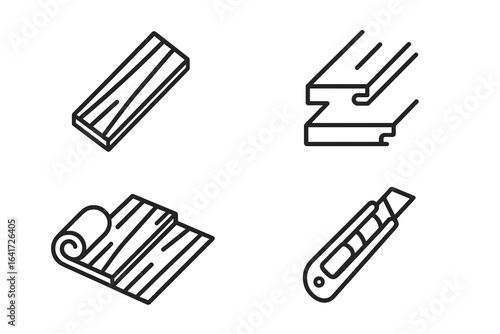 Laminate flooring installation outline icon set. Home renovation and DIY concept. Vector icons of floor plank, click-lock system, underlayment pad, and utility knife tool.