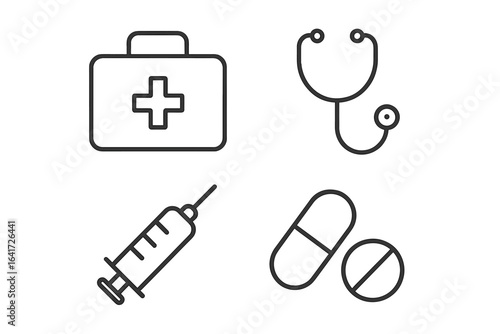 Medicine and Health Icon Set, 4 Line Style Medical Symbols Including First Aid Kit, Stethoscope, Syringe, Pills, Healthcare and Medical Vector Illustration on Transparent Background