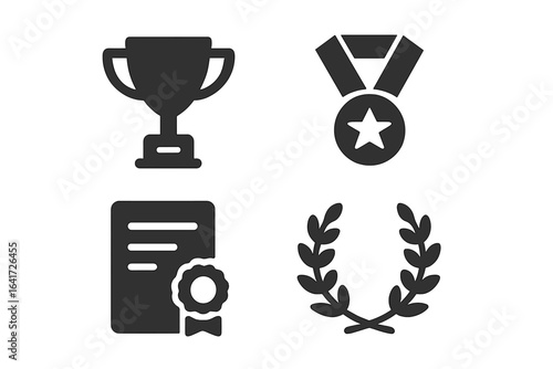 Literary Awards Icons Vector Set, Solid Filled Symbols of Trophy Cup, Medal with Star, Certificate with Ribbon Seal, Laurel Wreath Emblem, Recognition and Achievement Graphic Elements