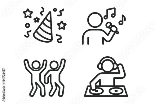 Party Icons Set of 4 in Line Style, Celebration Symbols for Web and Mobile Apps Featuring Dance, Singing, DJ, Music, Festive, Karaoke, Anniversary, Congrats, Entertainment, Nightlife