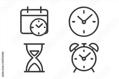 Set of 4 Time and Clock Icons in Minimalist Line Style, Including Calendar Clock, Wall Clock, Hourglass, and Alarm Clock on Transparent Background, Vector Illustration for Web and Graphic Design