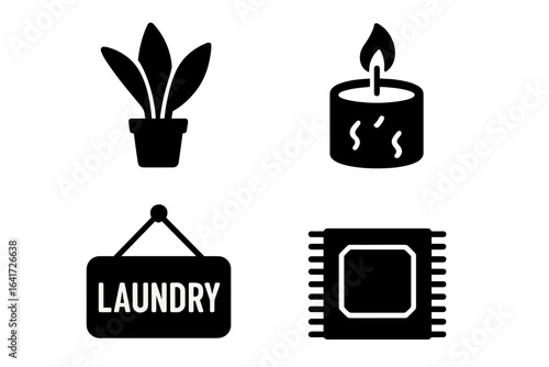 Laundry room comfort and decor solid glyph icons set. Vector pictograms of a houseplant, scented candle for aromatherapy, a hanging laundry sign, and a small rug or mat.