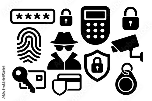 Password security system fingerprint spy electronic key lock surveillance camera shield icon set vector illustration on transparent background