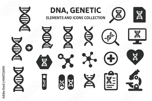 DNA and Genetic Icons Collection, Molecular Biology Symbols, Science and Medicine Vector Elements, Double Helix Pictograms, Medical Research and Laboratory Illustrations