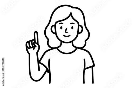 Vector illustration of a smiling woman with raised index finger, transparent background, friendly gesture, positive communication, casual hairstyle, simple line art design, approachable character