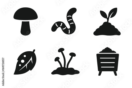 Leaf decay icon set. Solid glyph icons of compost, mushroom, earthworm, soil, fungus, plant sprout, and compost bin. Organic gardening and nature ecology concept.