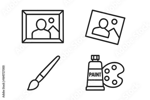 Outline Photo Frame Icon Set with Personalized Wooden Frame, Photo Print, Paintbrush, Acrylic Paint Tube, Artist Palette, Vector Illustration on Transparent Background
