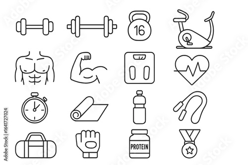 Fitness and Gym Equipment Vector Illustration Set on Transparent Background, Muscle, Strength, Cardio, Protein, Yoga Mat, Stopwatch, Water Bottle, Medal, Jump Rope, Sports Bag, and Weight Scales Icons