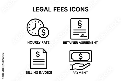 Legal fees icon set. Outline icons for law and justice concepts. Includes hourly rate clock, retainer agreement contract, billing invoice, and payment symbols. Vector graphic.
