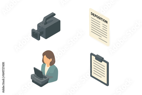 Legal icons for depositions and transcripts. Isometric vector illustration set of court reporter, video camera, and documents for law and justice concepts. Testimony.