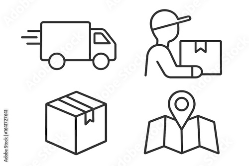 Fast delivery truck, courier holding package, parcel box, and location map icon set in simple line style for logistics and shipping service concepts