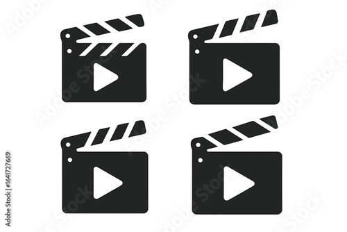 Set of 4 black clapperboard icons with play button symbols in flat style, vector illustration on transparent background for video, movie, cinema, film production concepts