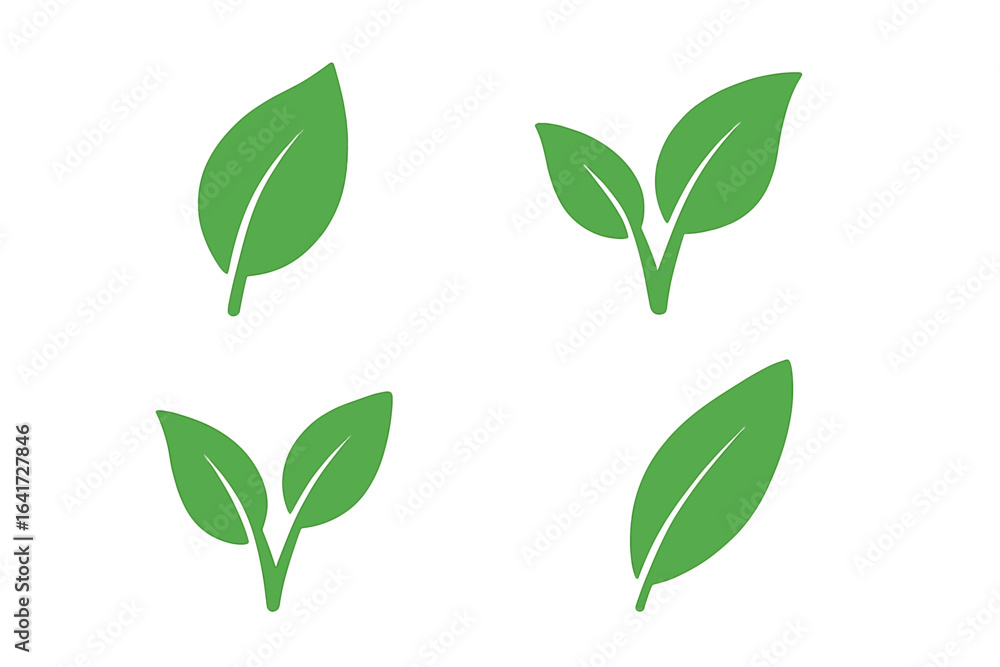 Naklejka premium Set of 4 Green Leaf Icons in Flat Design Style, Eco Friendly Nature Symbols, Organic and Environmental Vector Elements for Sustainability and Ecology