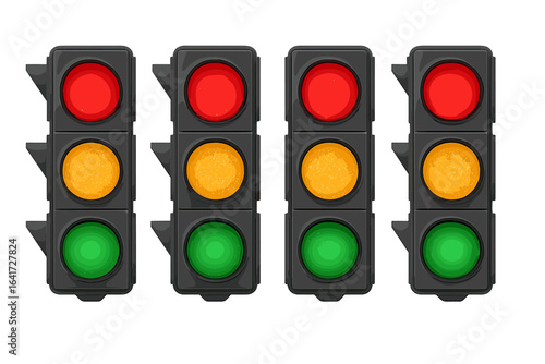 Set of 4 LED traffic lights with red, yellow, and green signals, vector illustration on transparent background, realistic road signal icons for urban traffic control and transportation design