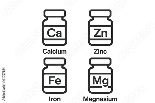 Set of 4 Essential Mineral Supplement Icons Vector Illustration – Calcium, Zinc, Iron, Magnesium Bottles on Transparent Background for Healthcare and Nutrition