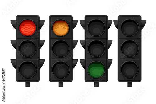 Set of 4 LED Traffic Lights with Red, Yellow, and Green Signals. Vector Illustration of Modern Traffic Lights on Transparent Background for Urban Transport Control