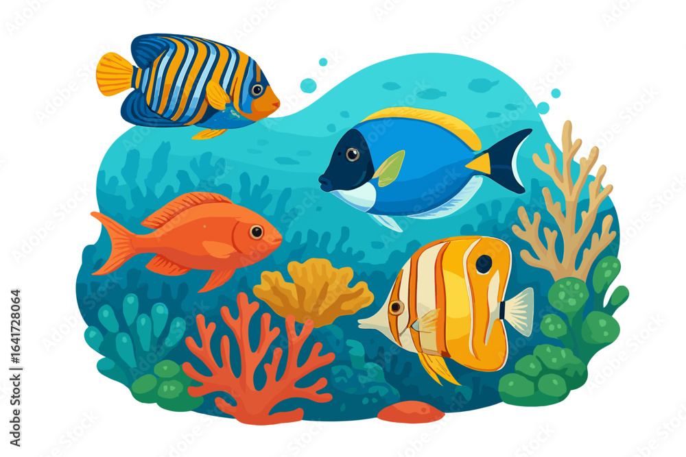 Naklejka premium Colorful tropical fish swimming on vibrant living coral reef with underwater seascape, marine life scene, Red Sea ocean ecosystem, vector illustration