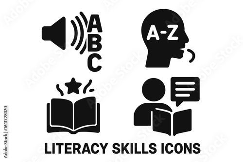 Literacy skills icon set. Solid glyph icons for education and learning. Phonics, vocabulary, reading comprehension, storytelling symbols. School, knowledge, language vector.