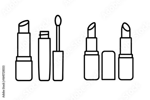Lip care icons set. Outline vector illustration of lipstick and lip gloss. Makeup and beauty products. Cosmetic symbols for web and print. Minimalist line art collection.