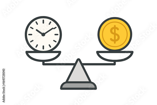 Time is Money Concept Illustration, Balance Scale with Clock and Dollar Coin, Financial and Business Metaphor, Investment and Productivity Vector, Transparent Background
