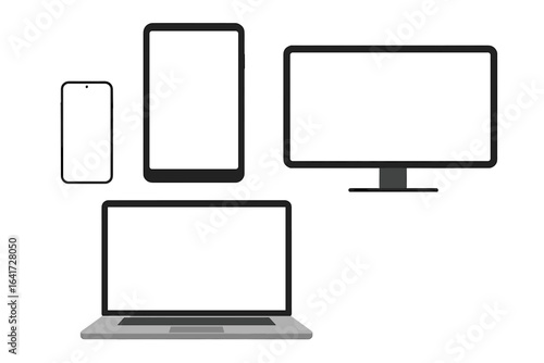 Set of 4 Technology Devices with Blank Screens, Electronic Gadgets Vector Illustration, Device Mockups, Laptop, Smartphone, Tablet, and Monitor on Transparent Background