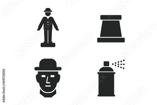 Living statue glyph icon set. Street artist and mime performer concept. Includes human figure on pedestal, metallic face, and spray paint can. Solid vector art illustration.