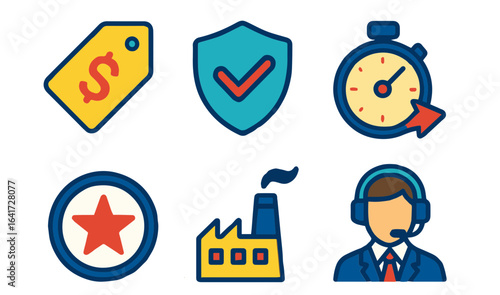 A set of icons on the topic of advantages. Icon: cheap price, reliable, fast, premium, production, technical support manager. 