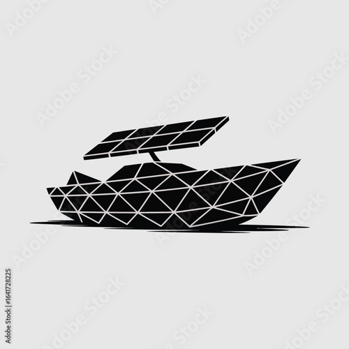 Futuristic solar-powered boat design with geometric patterns symbolizing innovation and clean energy for eco-friendly travel adventures