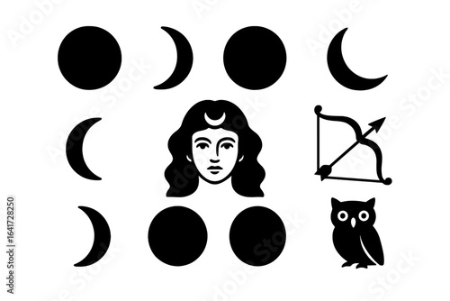 Lunar mythology symbols collection. Moon phases, goddess Selene face, bow, arrow, owl. Esoteric, witchcraft, spiritual icon set. Mystical vector graphic illustration.