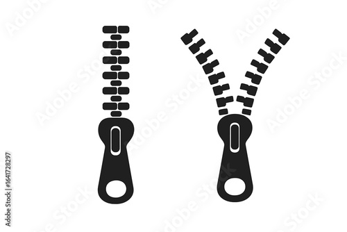 Black zipper icon vector illustration, opened and closed zipper elements, fastener design, clothing accessory, fabric closure concept on transparent background, fashion tools symbol