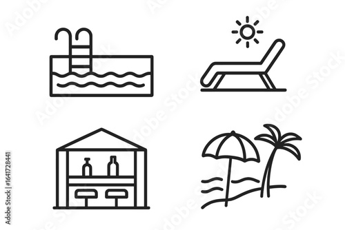 Luxury resort vector icon set. Outline symbols for summer vacation, travel, paradise holiday. Line art illustration of swimming pool, sun lounger, beach bar, parasol, hotel, relax.