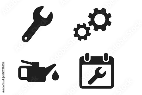 Maintenance and repair solid icon set. Vector symbols for service, wrench tool, gear settings, oil change, and scheduled maintenance calendar. Industrial and mechanical concept.