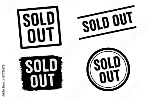 Sold Out Label Vector Collection, Grunge and Stamp Style Stickers, Square and Round Stamp Banners, Sold Out Signs, Transparent Background, Marketing Tags, Retail Badges
