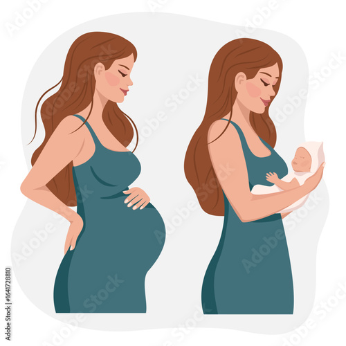 Pregnancy and motherhood. Pregnant woman in her third trimester and young mother with a newborn baby in her arms. Vector illustration, isolated.