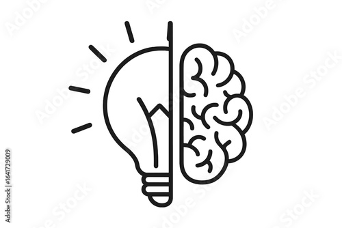 Creative symbol combining light bulb and brain halves, representing innovation, ideas, solution, and education; conceptual vector illustration on transparent background